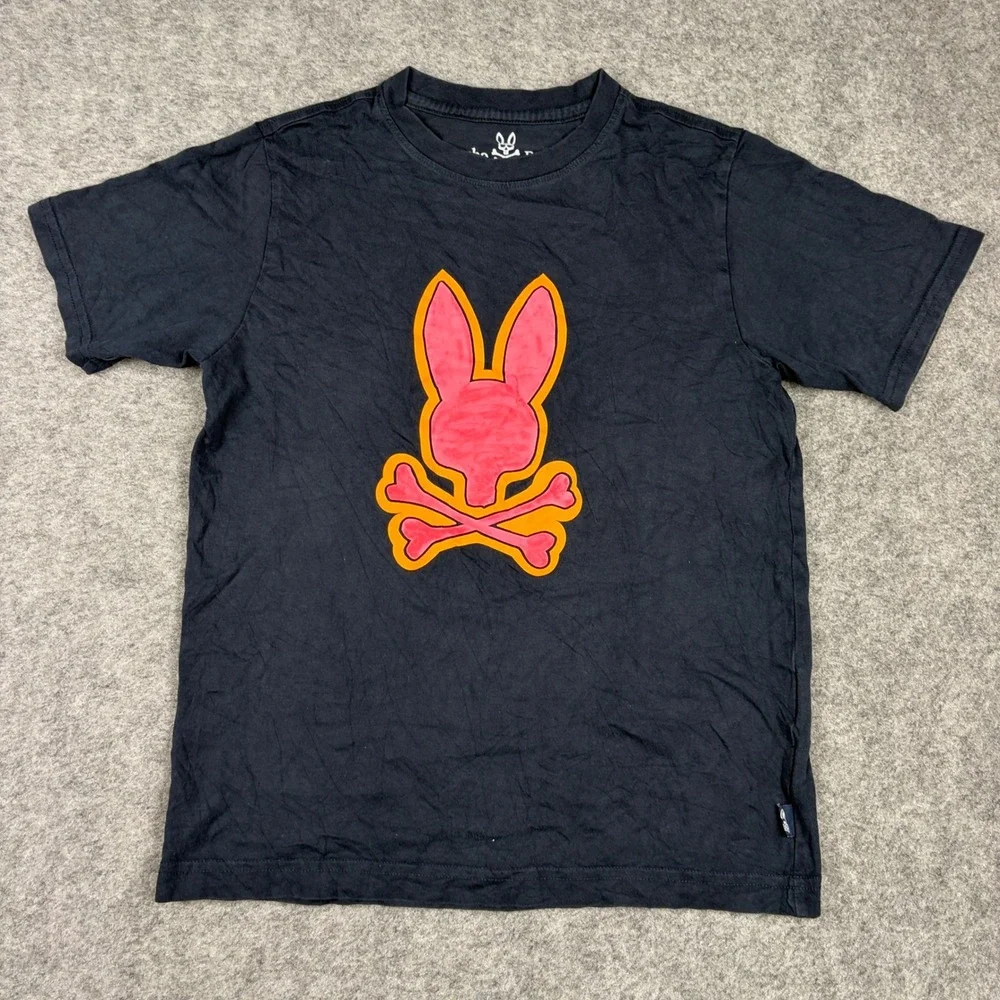 Psycho Bunny T Shirt Boys Large 14/16 Black Neon Graphic Logo Pima Cotton